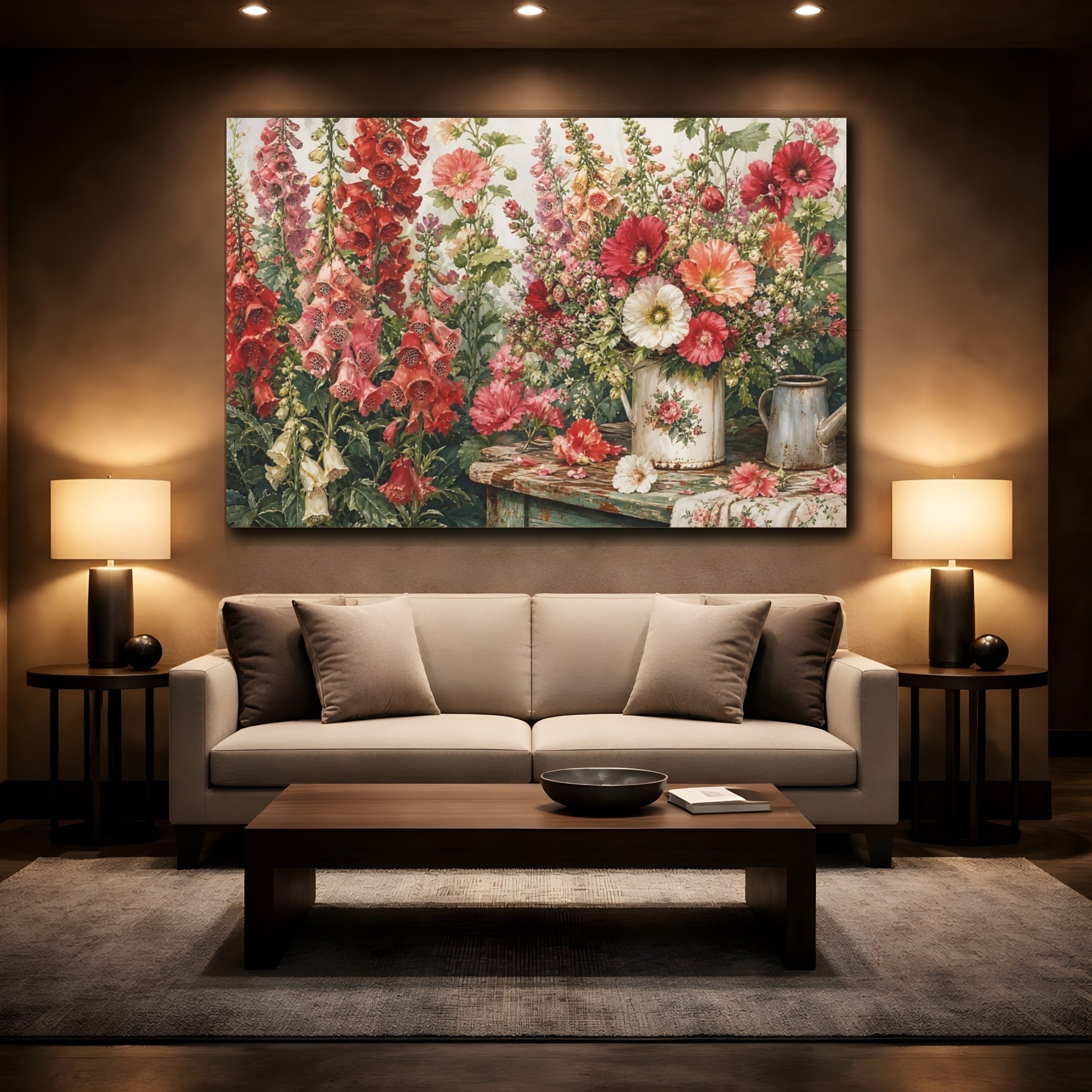 Mockup 2. Floral Garden Flowers Vintage Floral shown as stretched canvas wall art