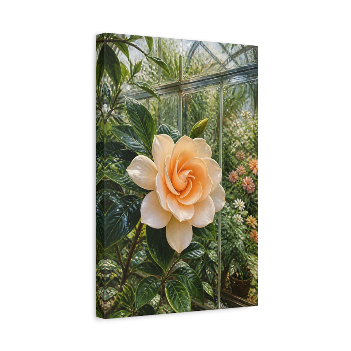Side Mockup 4. Floral Gardenia Cream Gardenia shown as stretched canvas wall art
