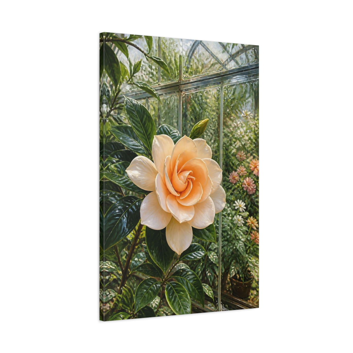 Main Mockup. Floral Gardenia Cream Gardenia shown as stretched canvas wall art