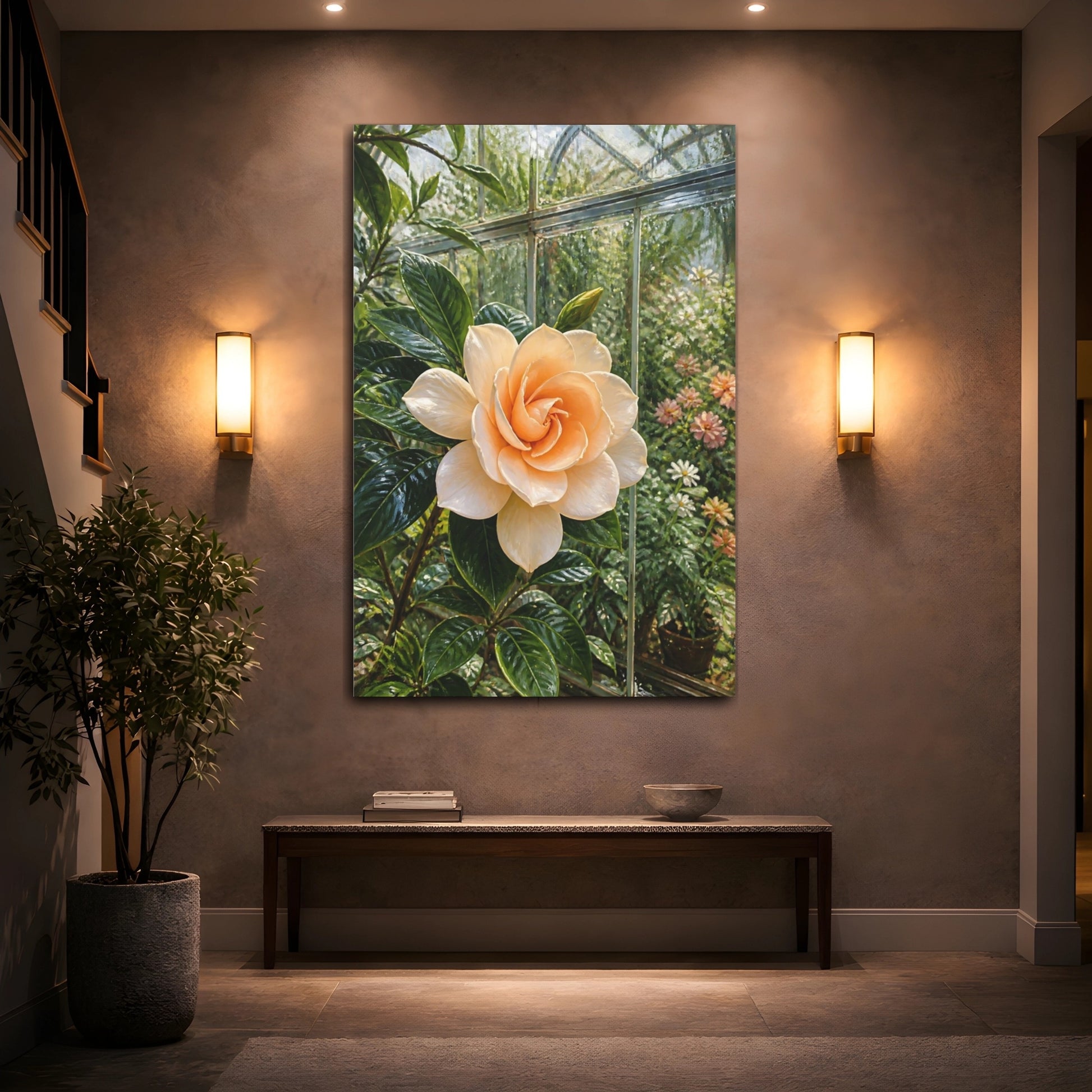 Mockup 2. Floral Gardenia Cream Gardenia shown as stretched canvas wall art