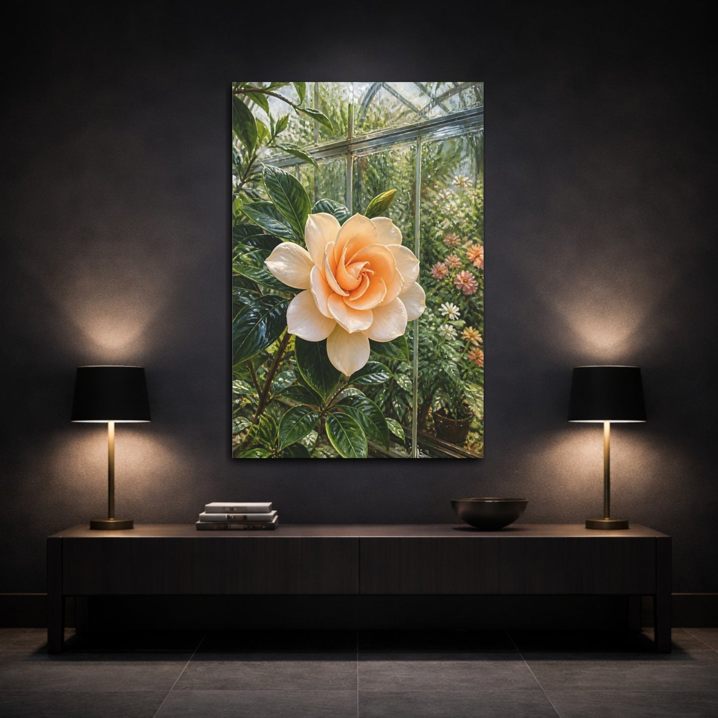 Mockup 3. Floral Gardenia Cream Gardenia shown as stretched canvas wall art