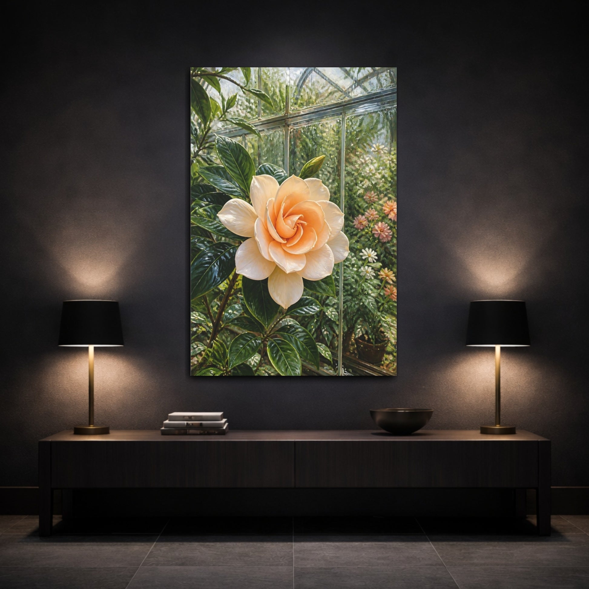 Mockup 3. Floral Gardenia Cream Gardenia shown as stretched canvas wall art