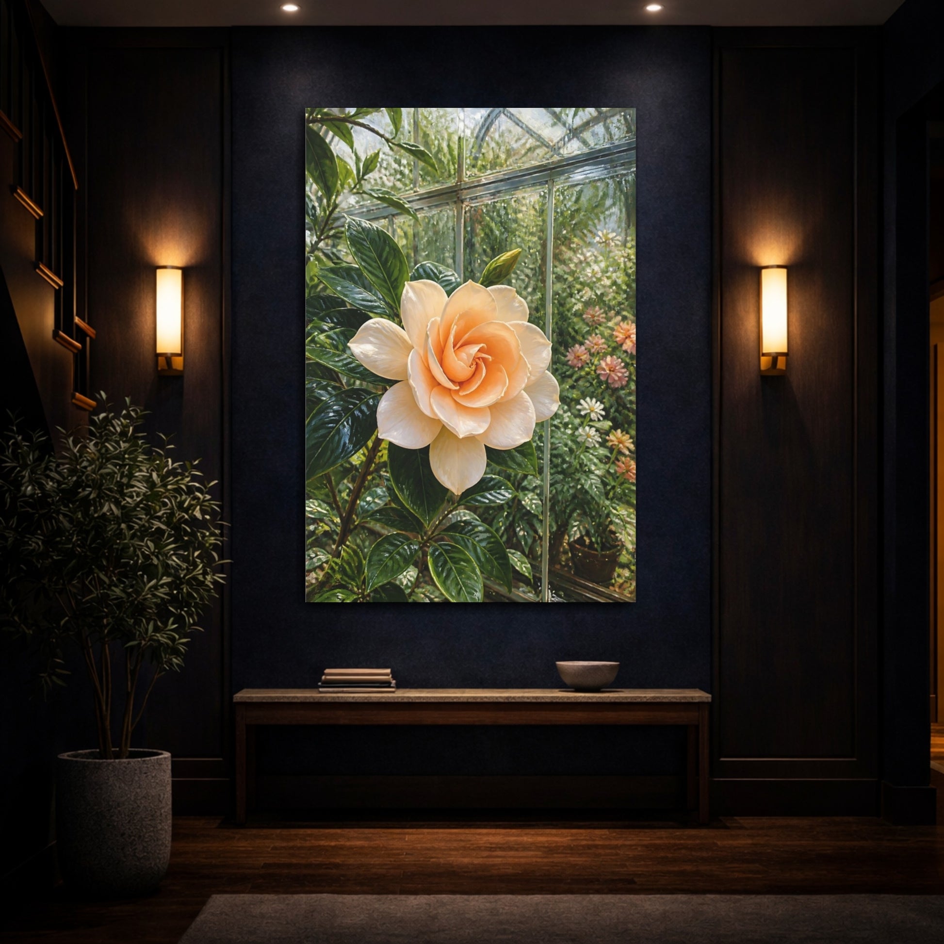 Mockup 4. Floral Gardenia Cream Gardenia shown as stretched canvas wall art