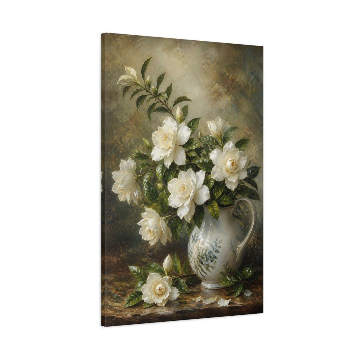 Main Mockup. Floral Gardenias White And Green shown as stretched canvas wall art