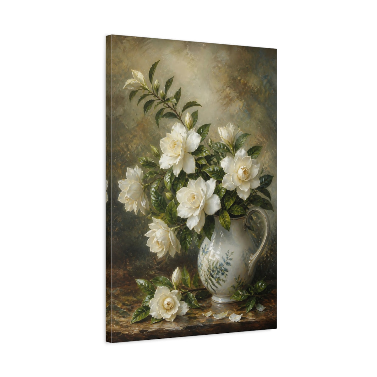 Side Mockup 2. Floral Gardenias White And Green shown as stretched canvas wall art