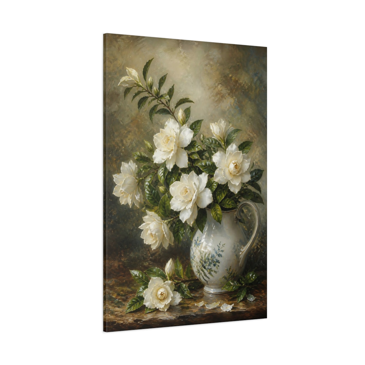 Side Mockup 1. Floral Gardenias White And Green shown as stretched canvas wall art