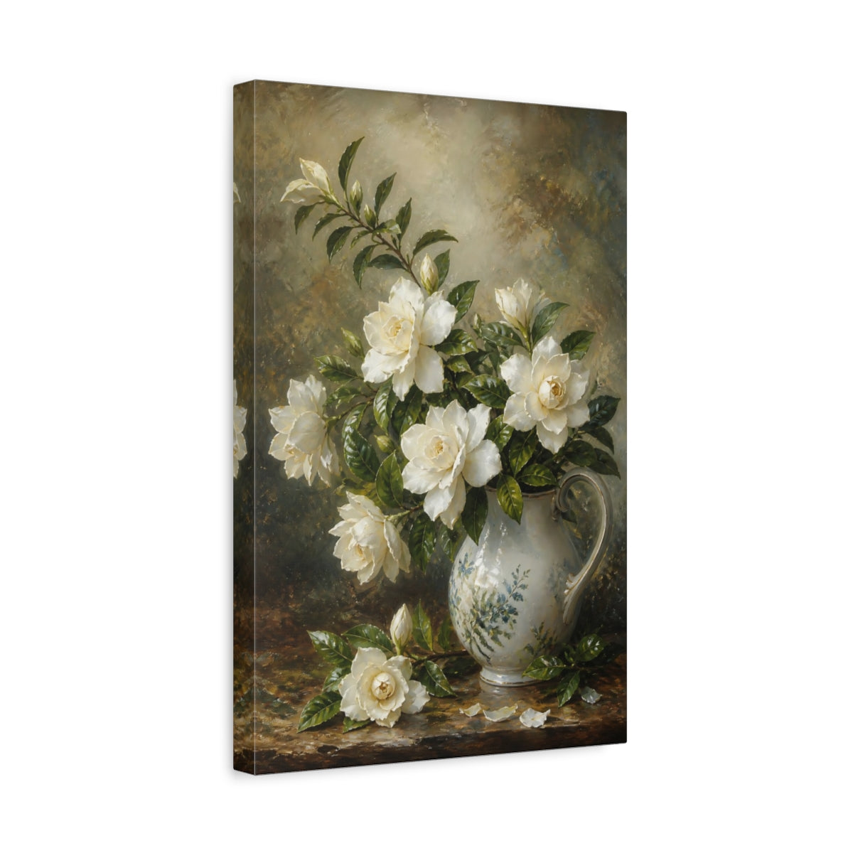 Side Mockup 4. Floral Gardenias White And Green shown as stretched canvas wall art