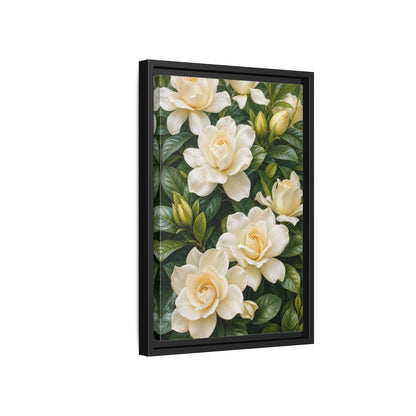 Side Mockup 6. Floral Gardenias White And Green shown as stretched canvas wall art