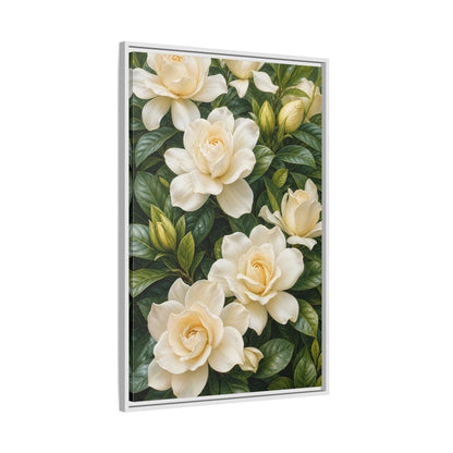 Side Mockup 9. Floral Gardenias White And Green shown as stretched canvas wall art