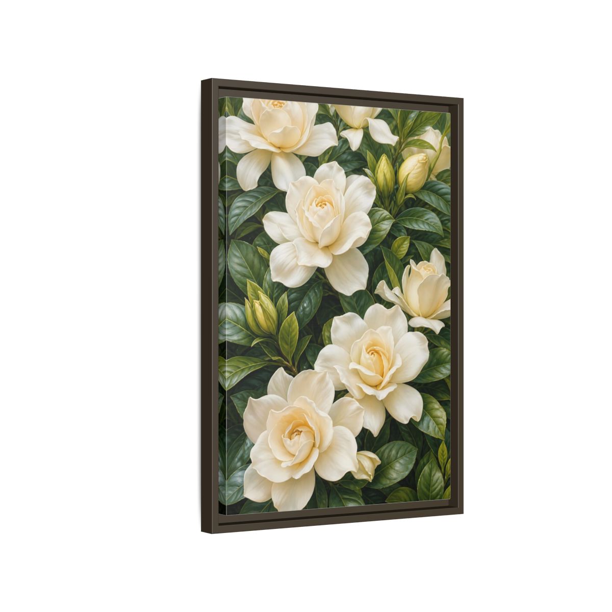Side Mockup 2. Floral Gardenias White And Green shown as stretched canvas wall art