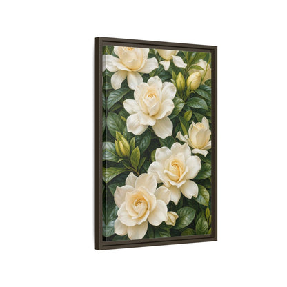 Side Mockup 2. Floral Gardenias White And Green shown as stretched canvas wall art
