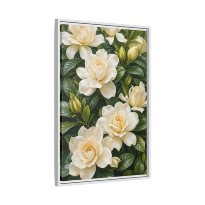 Side Mockup 10. Floral Gardenias White And Green shown as stretched canvas wall art