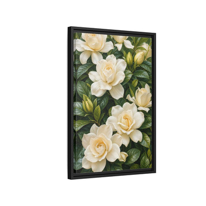 Side Mockup 3. Floral Gardenias White And Green shown as stretched canvas wall art