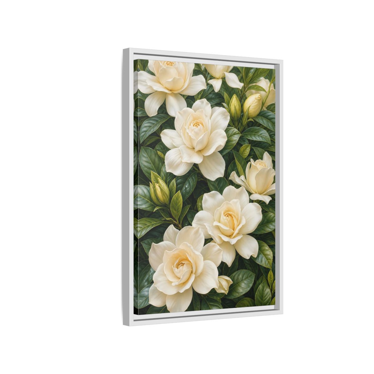 Side Mockup 1. Floral Gardenias White And Green shown as stretched canvas wall art