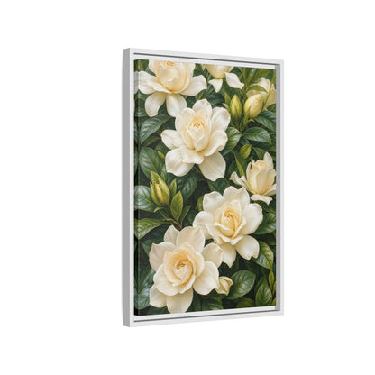 Side Mockup 1. Floral Gardenias White And Green shown as stretched canvas wall art
