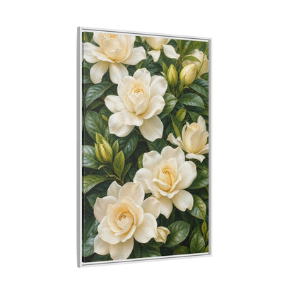 Side Mockup 7. Floral Gardenias White And Green shown as stretched canvas wall art