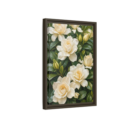 Side Mockup 5. Floral Gardenias White And Green shown as stretched canvas wall art