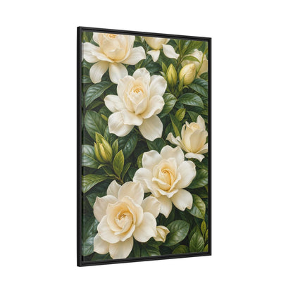 Side Mockup 12. Floral Gardenias White And Green shown as stretched canvas wall art