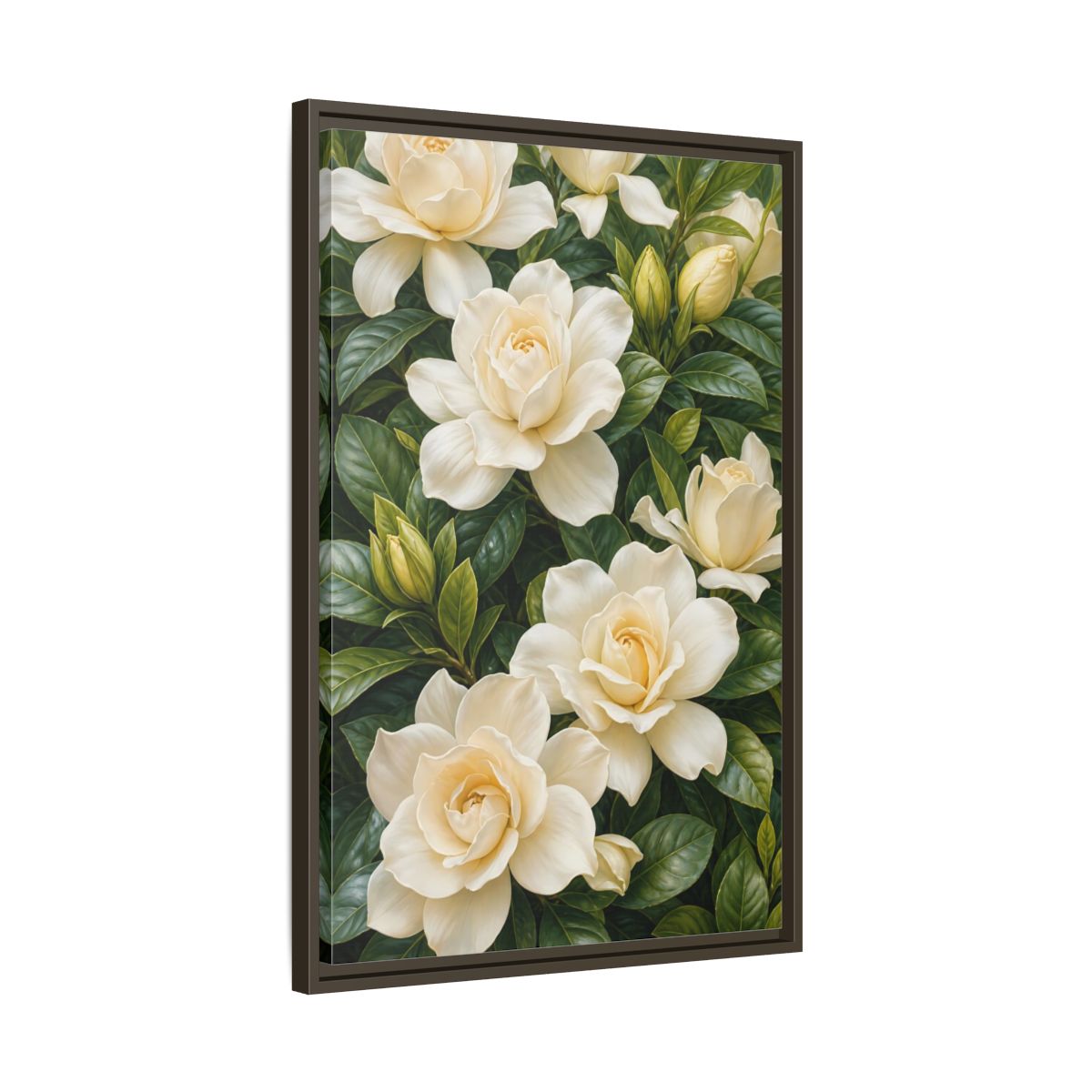 Side Mockup 11. Floral Gardenias White And Green shown as stretched canvas wall art