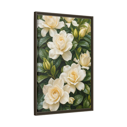 Side Mockup 11. Floral Gardenias White And Green shown as stretched canvas wall art