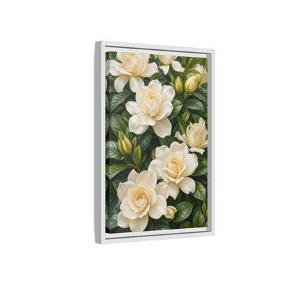 Side Mockup 4. Floral Gardenias White And Green shown as stretched canvas wall art