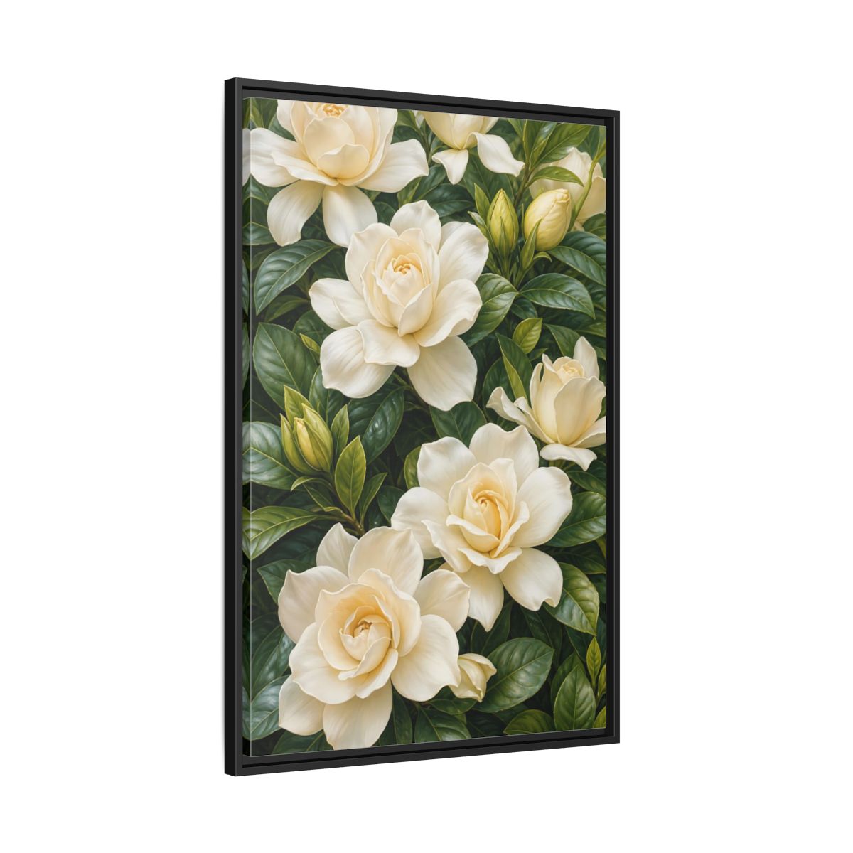Side Mockup 13. Floral Gardenias White And Green shown as stretched canvas wall art
