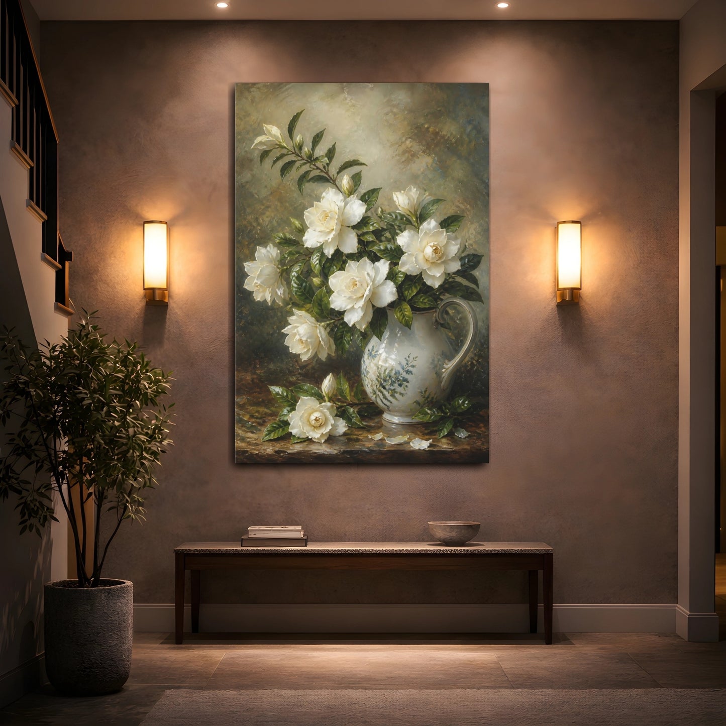 Mockup 2. Floral Gardenias White And Green shown as stretched canvas wall art