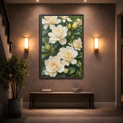 Mockup 2. Floral Gardenias White And Green shown as stretched canvas wall art