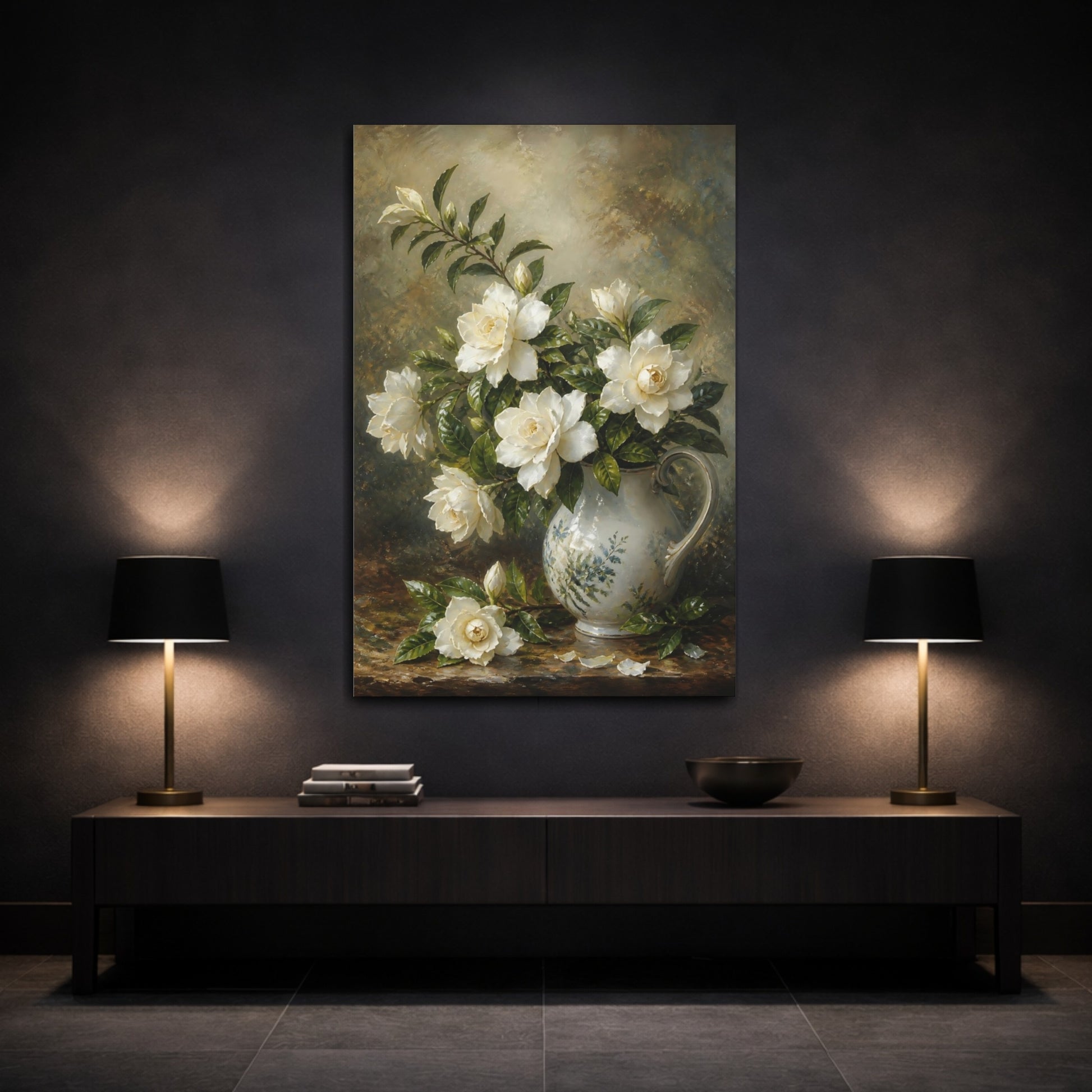 Mockup 3. Floral Gardenias White And Green shown as stretched canvas wall art