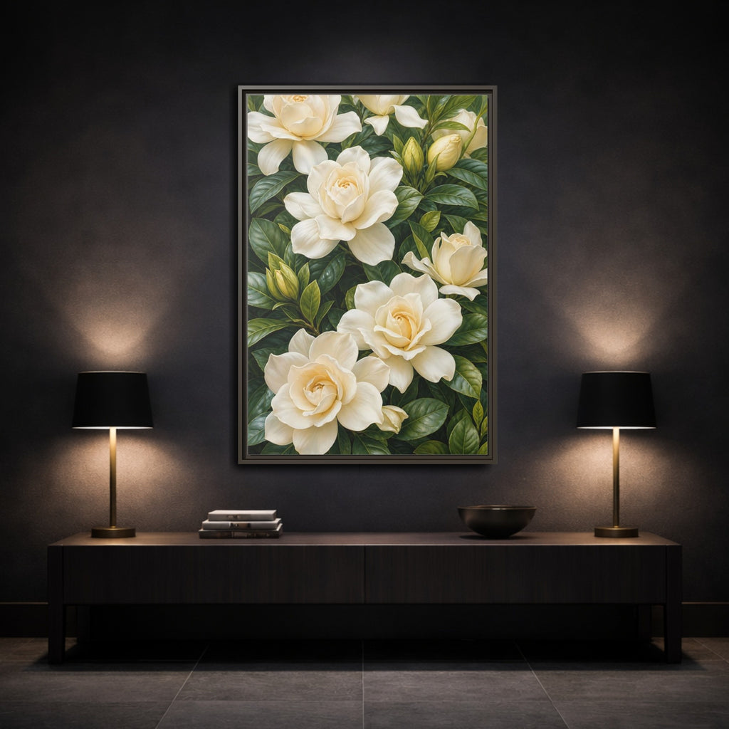 Mockup 3. Floral Gardenias White And Green shown as stretched canvas wall art