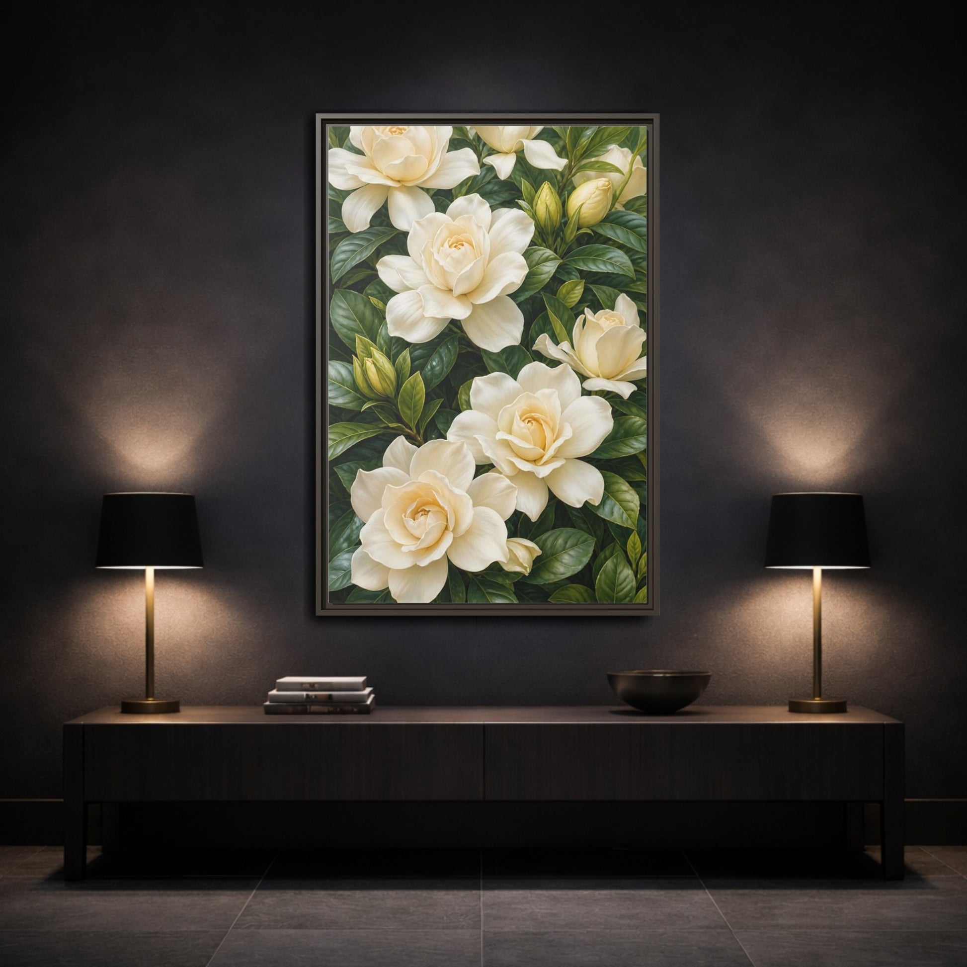 Mockup 3. Floral Gardenias White And Green shown as stretched canvas wall art
