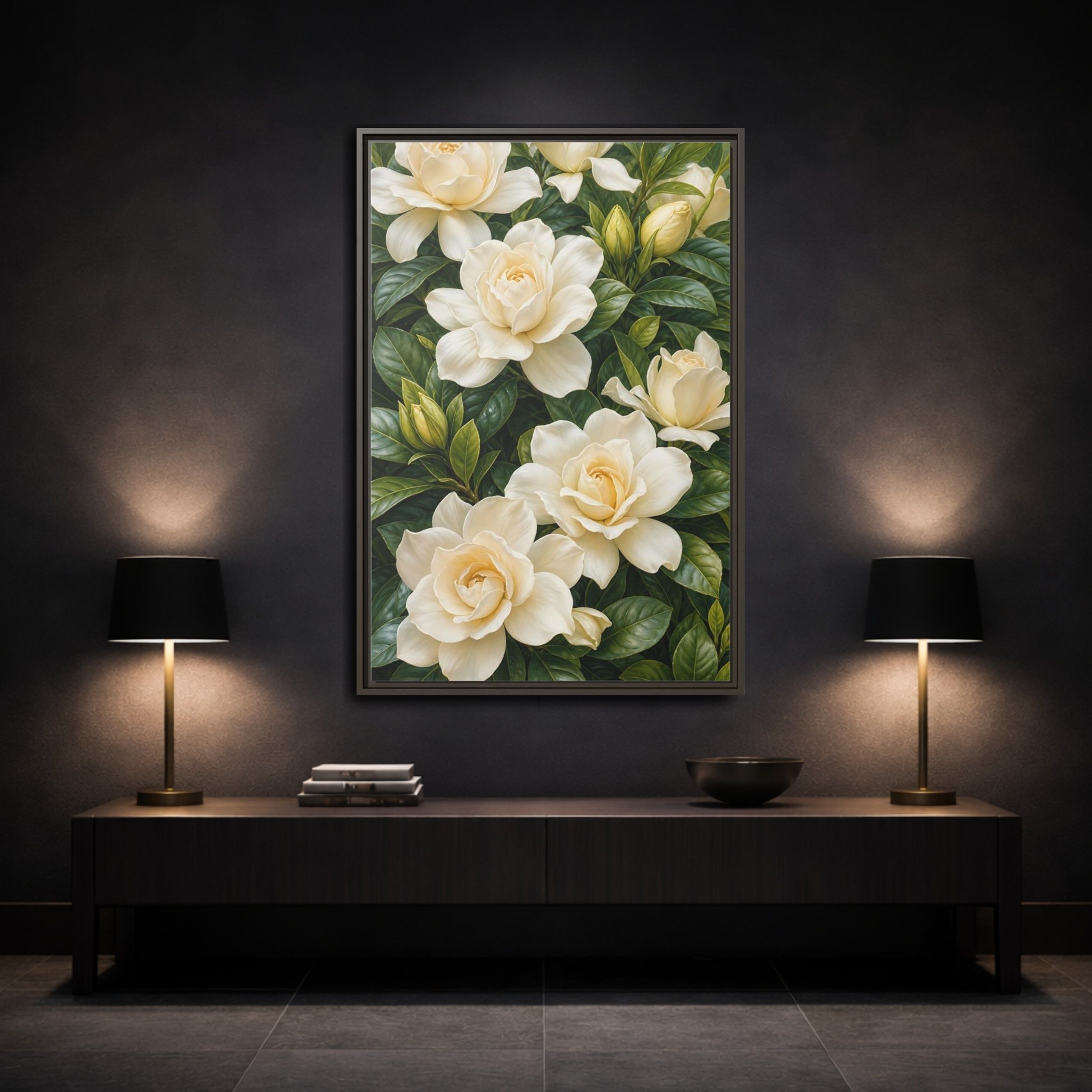 Mockup 3. Floral Gardenias White And Green shown as stretched canvas wall art