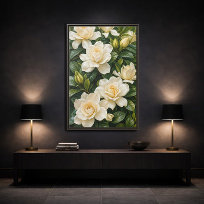 Mockup 3. Floral Gardenias White And Green shown as stretched canvas wall art