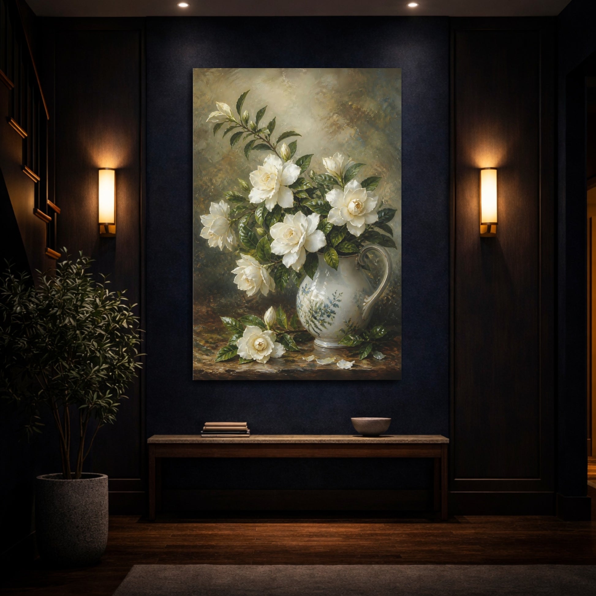 Mockup 4. Floral Gardenias White And Green shown as stretched canvas wall art