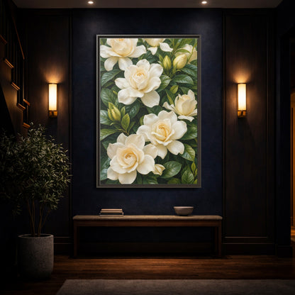 Mockup 4. Floral Gardenias White And Green shown as stretched canvas wall art