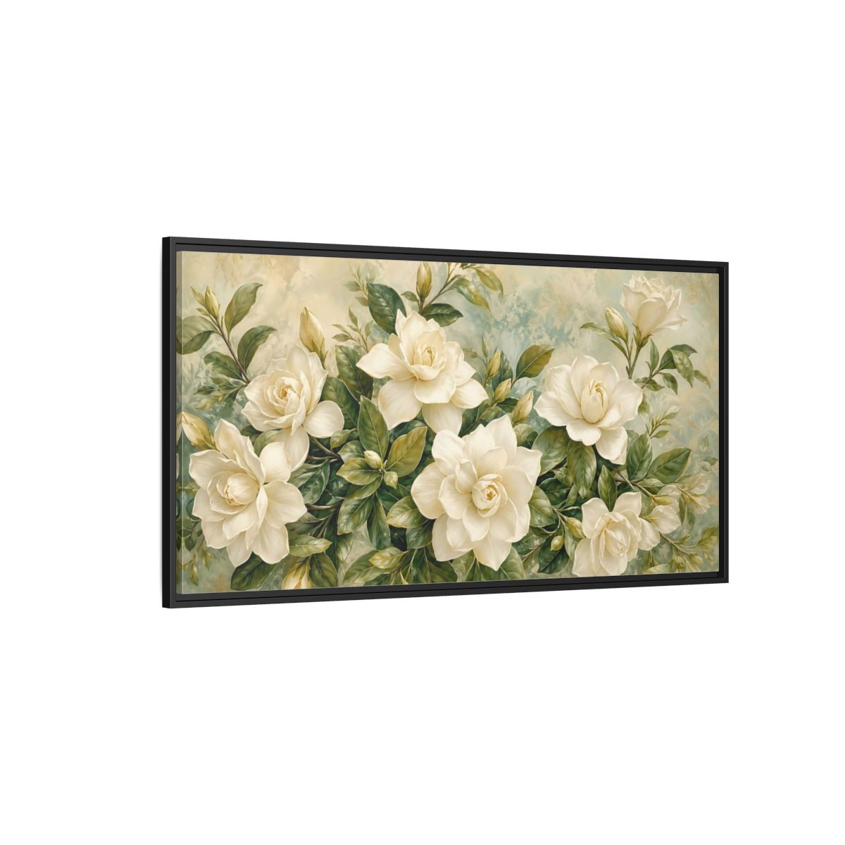 Side Mockup 5. Floral Gardenias White Gardenia shown as stretched canvas wall art