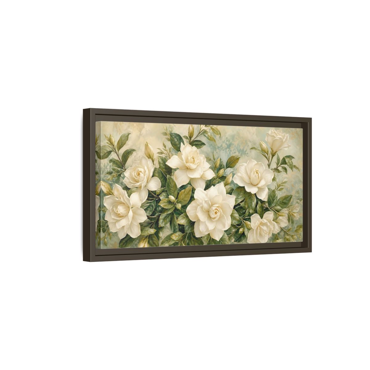 Side Mockup 7. Floral Gardenias White Gardenia shown as stretched canvas wall art