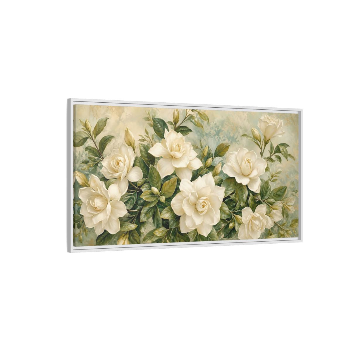 Side Mockup 3. Floral Gardenias White Gardenia shown as stretched canvas wall art