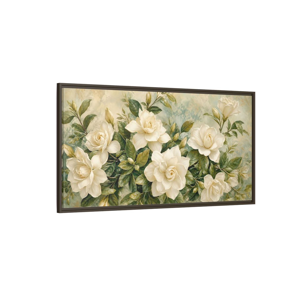 Side Mockup 4. Floral Gardenias White Gardenia shown as stretched canvas wall art