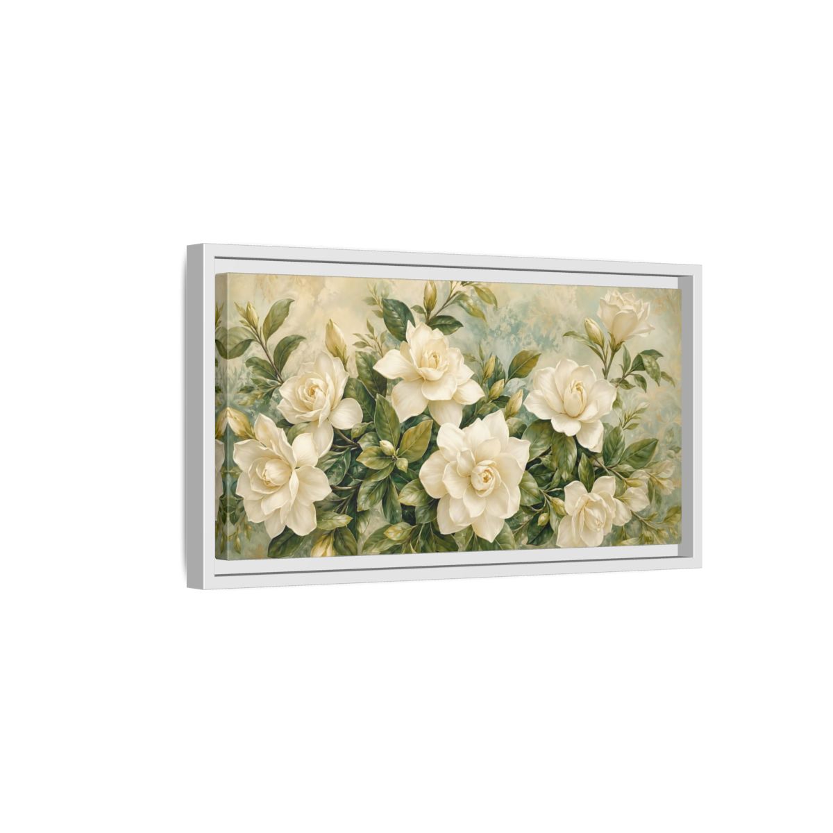 Side Mockup 6. Floral Gardenias White Gardenia shown as stretched canvas wall art
