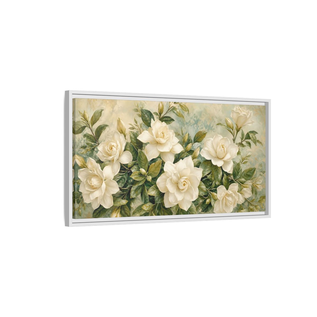 Side Mockup 1. Floral Gardenias White Gardenia shown as stretched canvas wall art