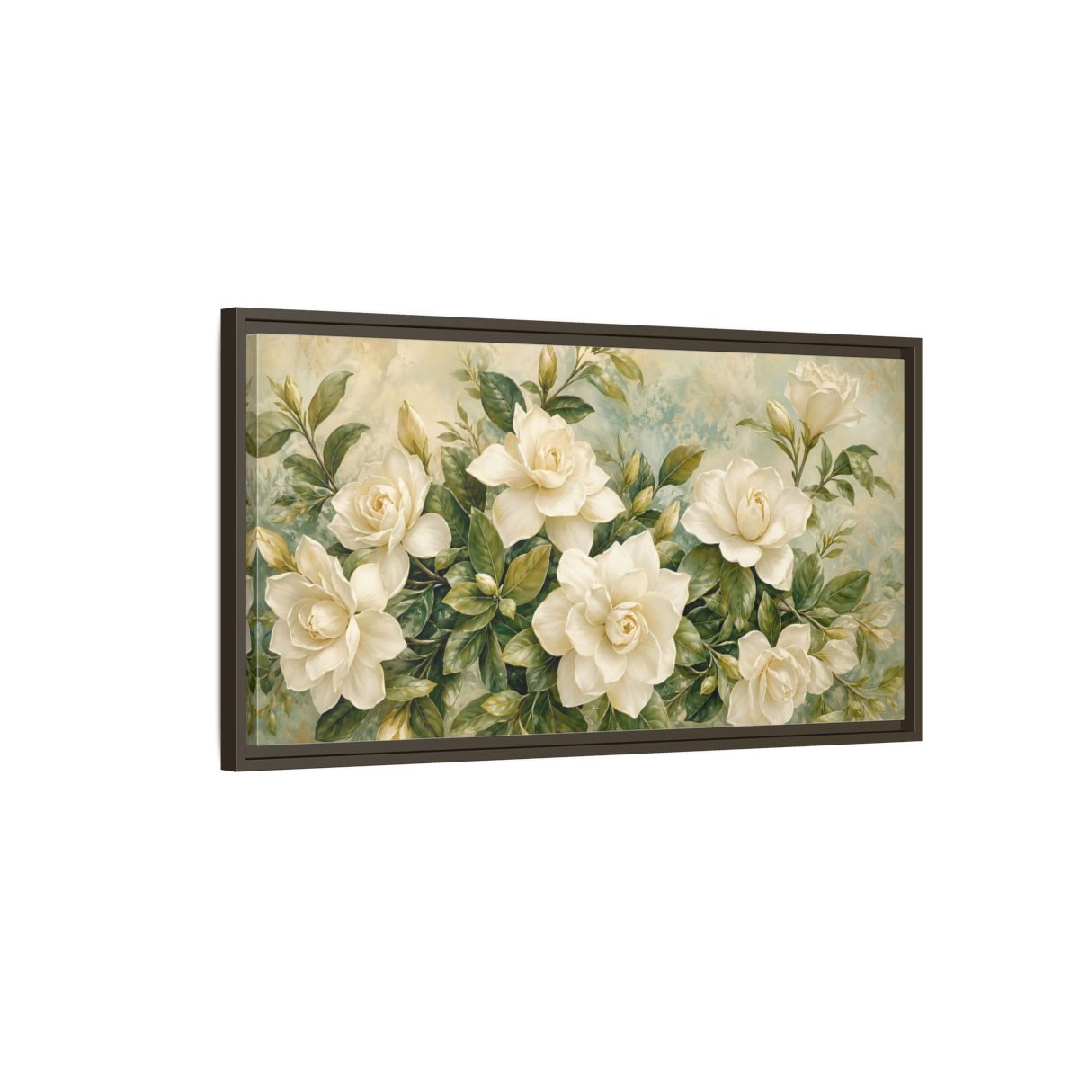 Main Mockup. Floral Gardenias White Gardenia shown as stretched canvas wall art