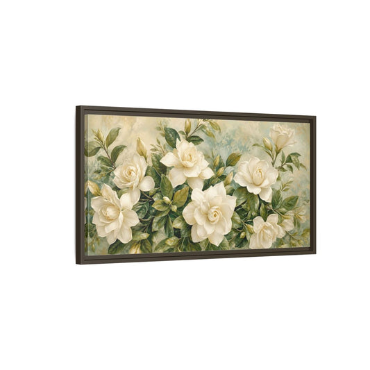 Main Mockup. Floral Gardenias White Gardenia shown as stretched canvas wall art