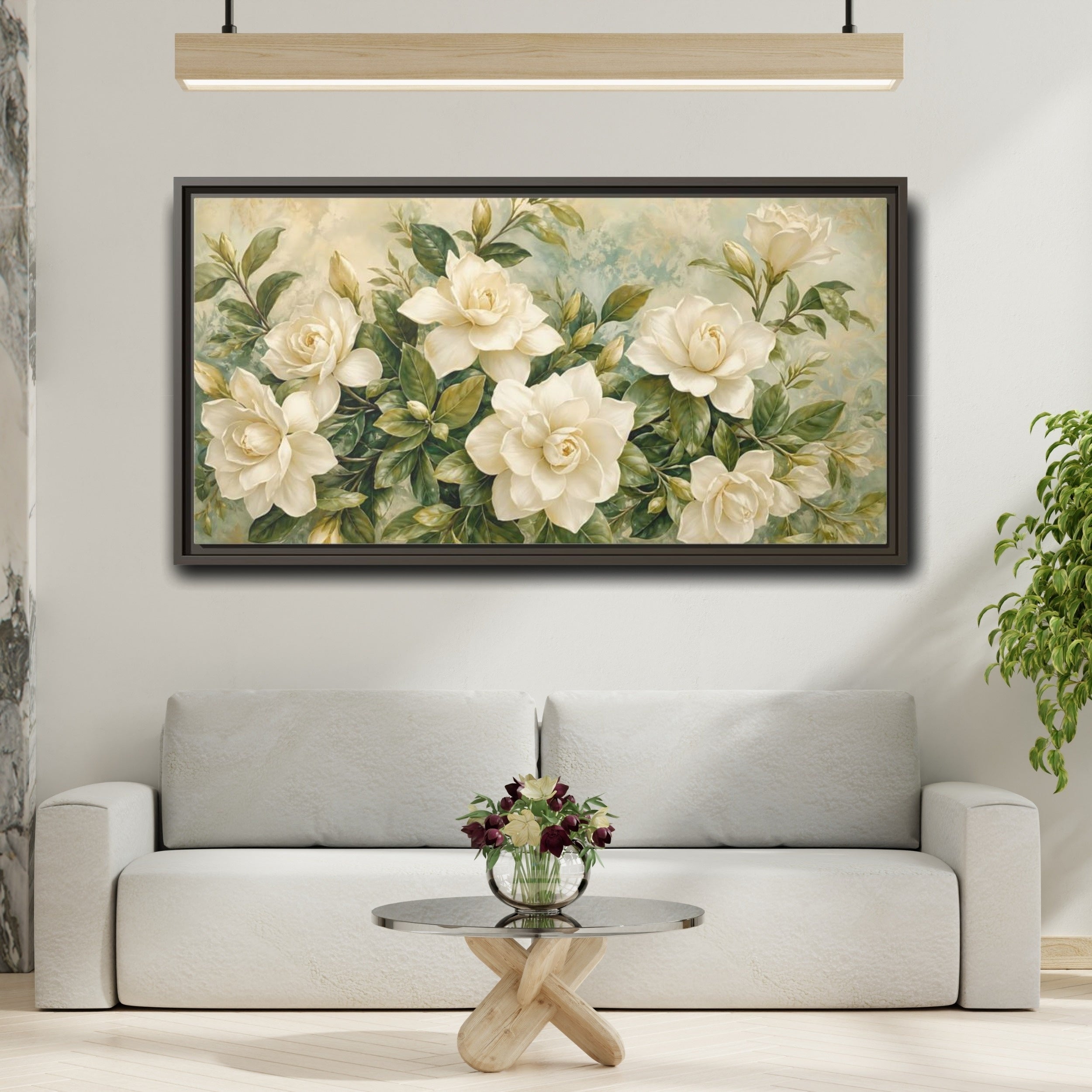 Mockup 2. Floral Gardenias White Gardenia shown as stretched canvas wall art