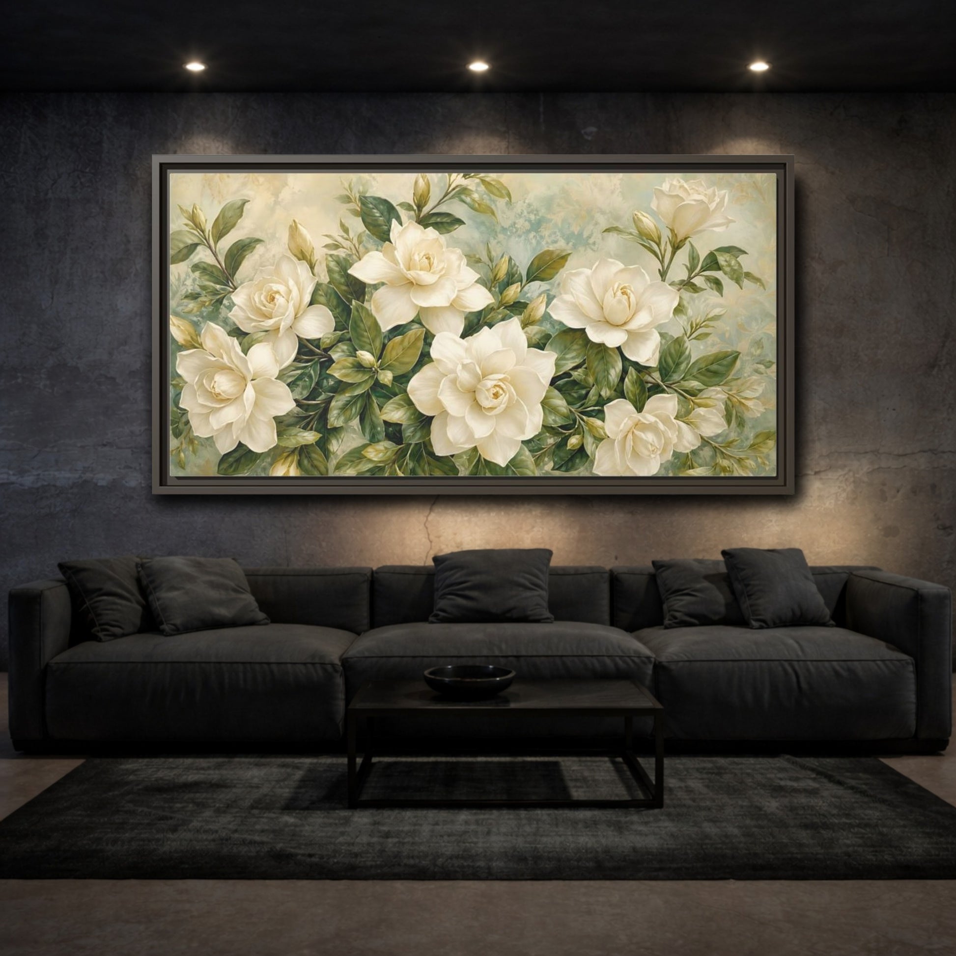 Mockup 3. Floral Gardenias White Gardenia shown as stretched canvas wall art