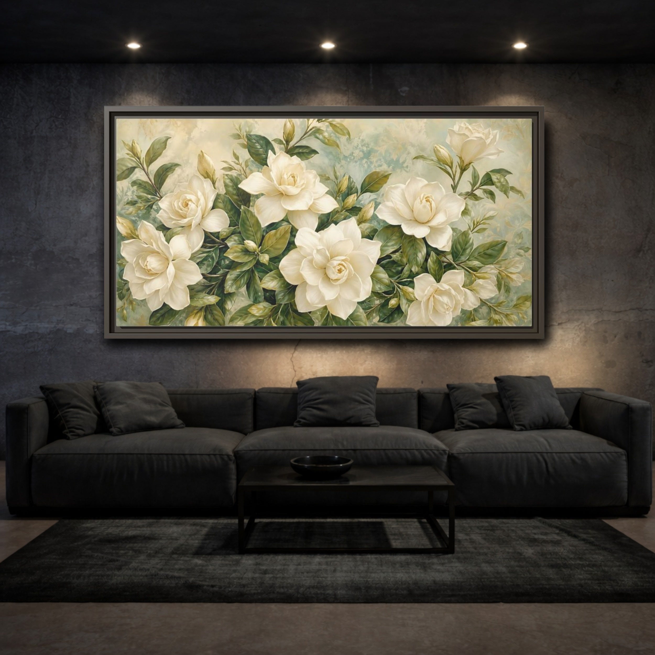 Mockup 3. Floral Gardenias White Gardenia shown as stretched canvas wall art