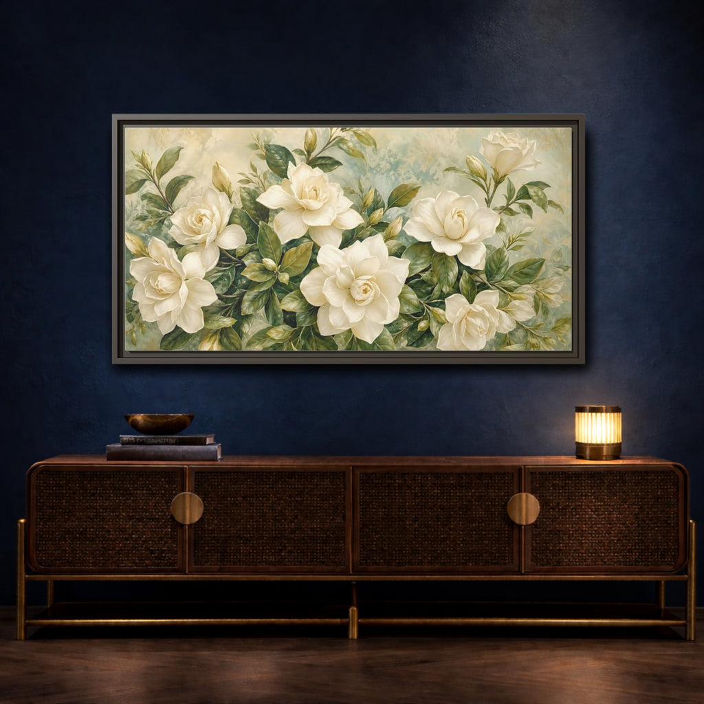 Mockup 4. Floral Gardenias White Gardenia shown as stretched canvas wall art