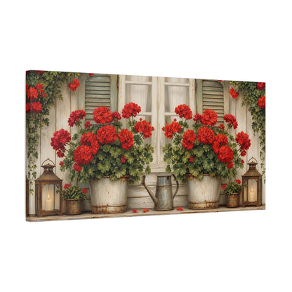 Side Mockup 1. Floral Geraniums Red Geraniums shown as stretched canvas wall art