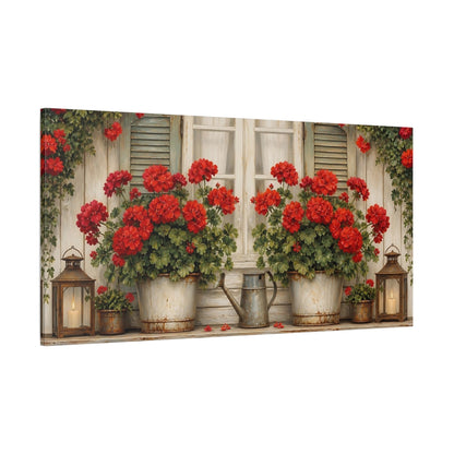 Side Mockup 2. Floral Geraniums Red Geraniums shown as stretched canvas wall art