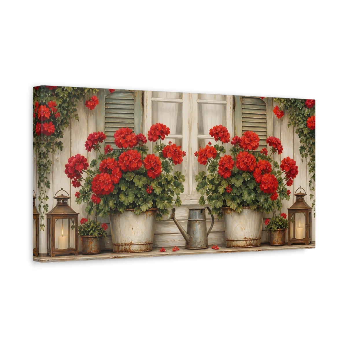 Side Mockup 3. Floral Geraniums Red Geraniums shown as stretched canvas wall art